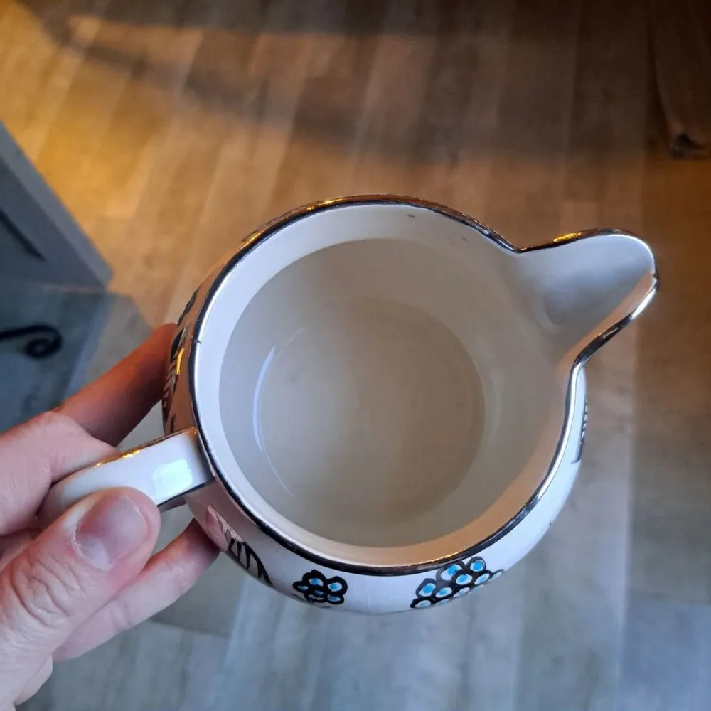 Arthur Wood England Pitcher Creamer Platinum Leaves Trim Blue Aqua Dots Vintage
